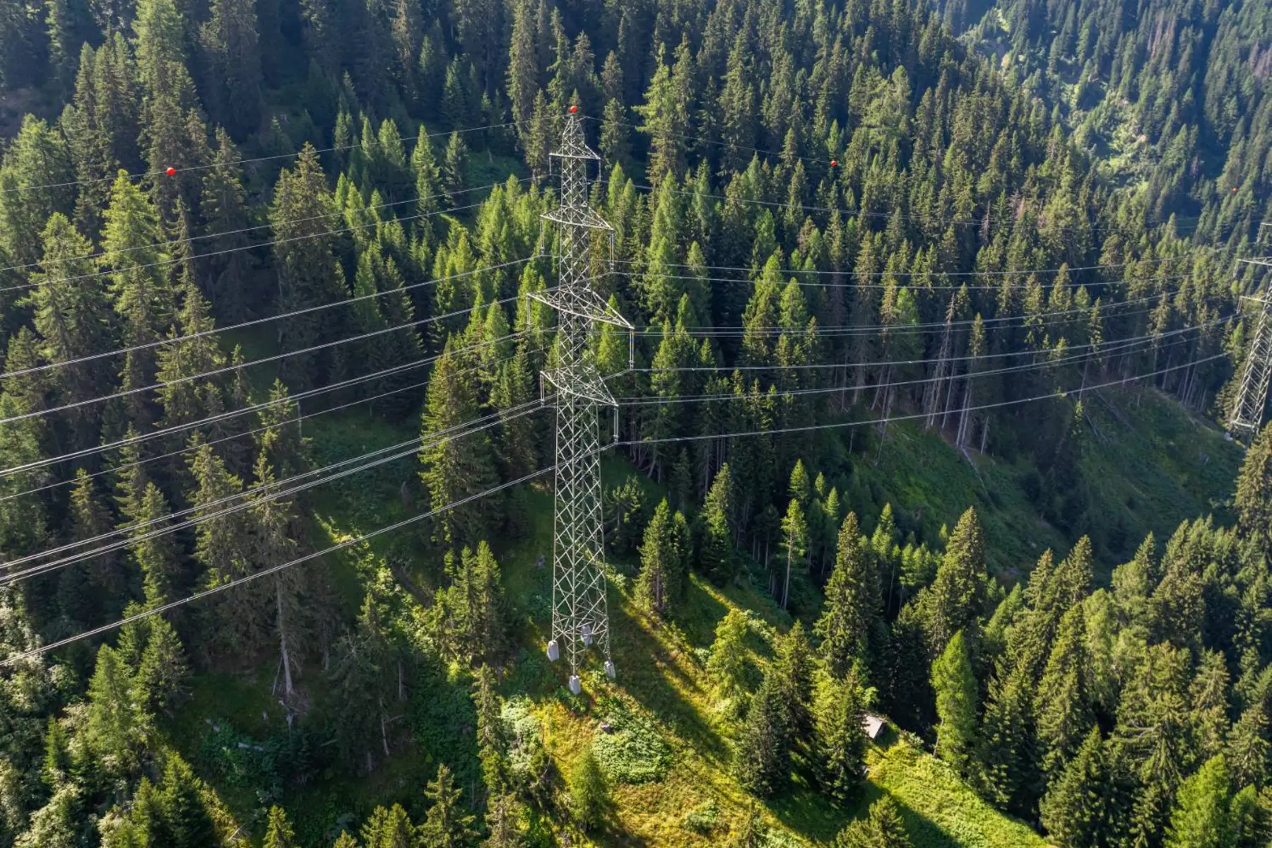 Aerial view of a lattice transmission tower carrying several circuits across a forested hillside