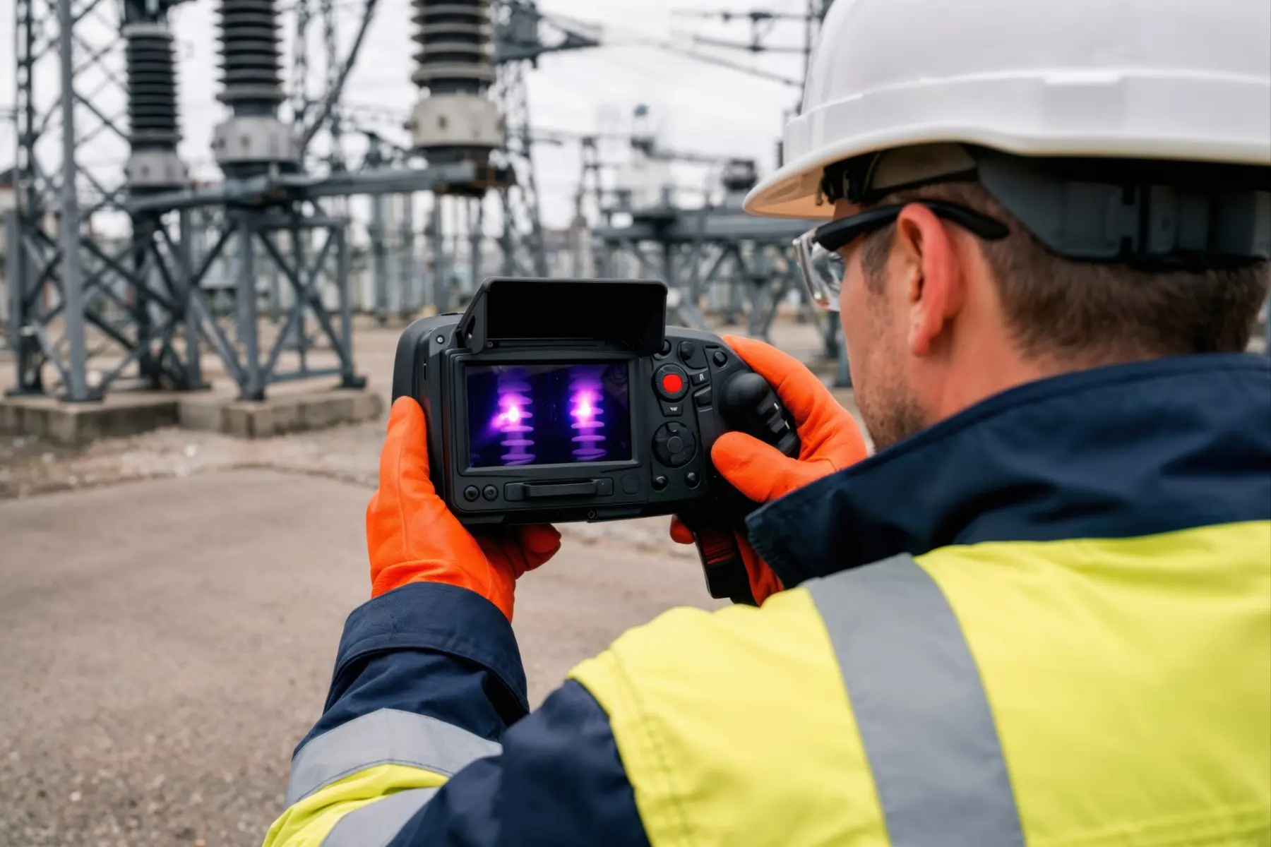 A technician in a hard hat and gloves holds a thermal imager towards substation bushings; two show warm on the screen
