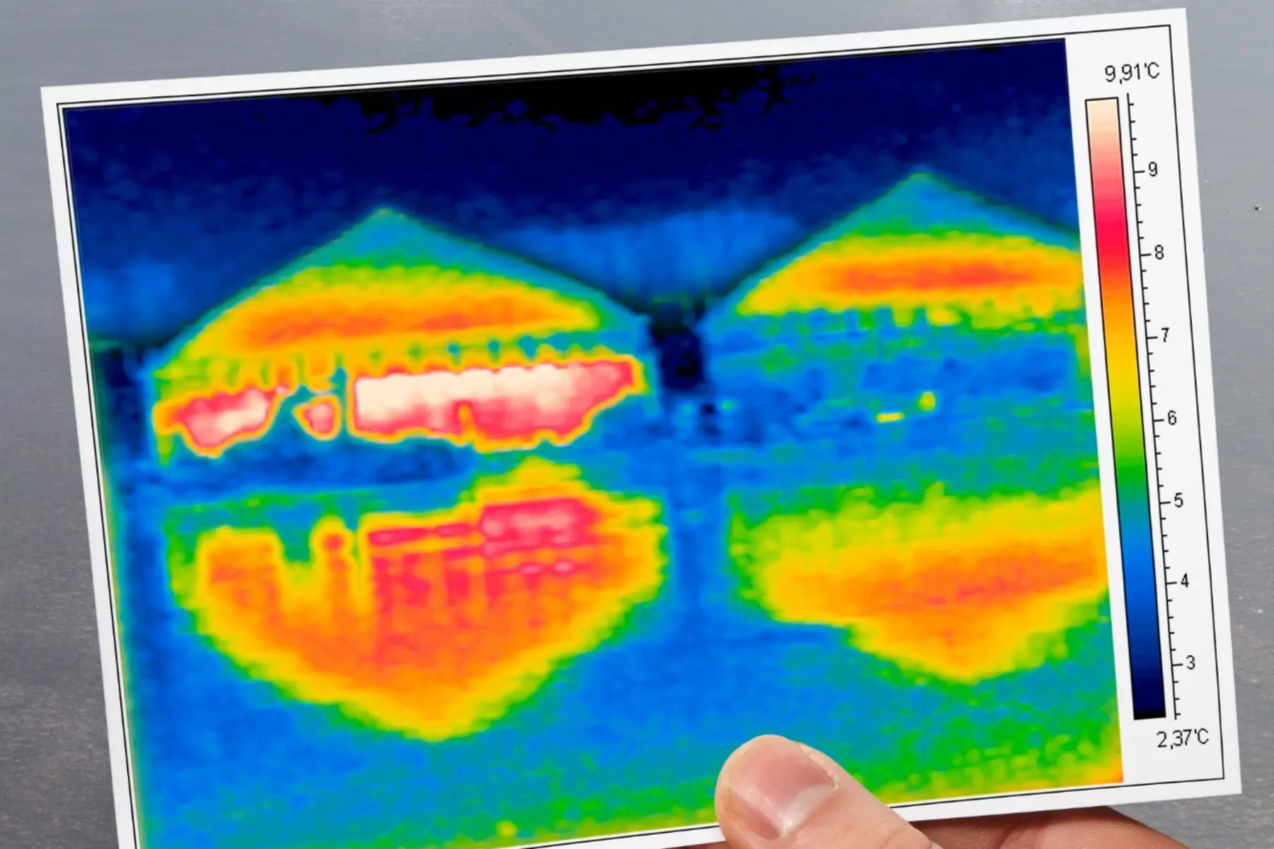 A hand holds a printed thermogram of two domed storage tanks in front of the same tanks; the thermogram shows warm bands where the contents sit and a hot patch at the equipment on one tank